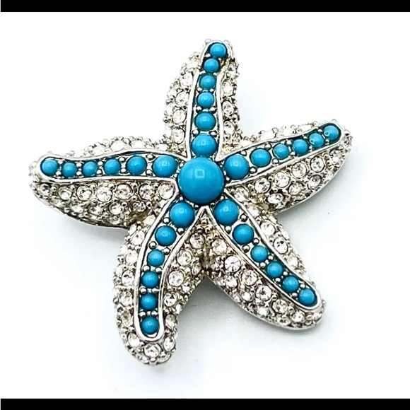 Stella & Dot Silver Tone Faux Turquoise Rhinestone Starfish Brooch Pendant - Picture 1 of 3
